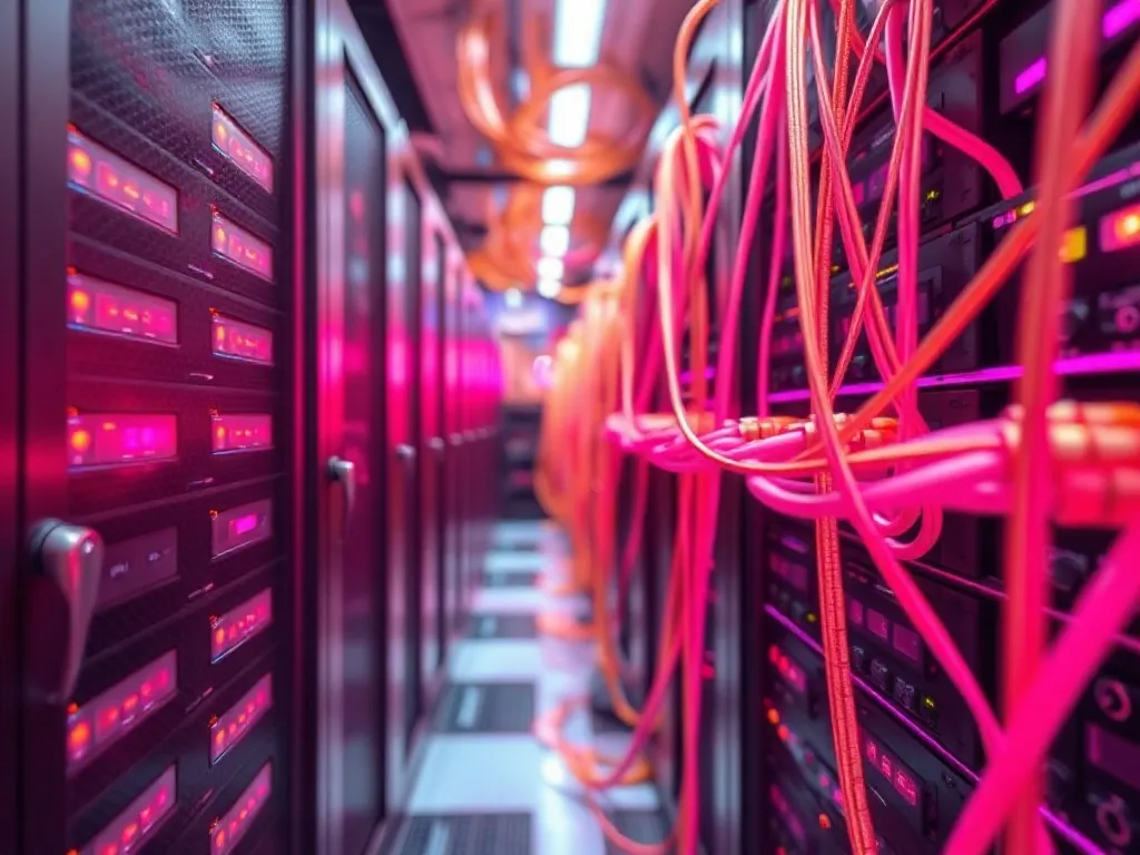High-tech server room with glowing pink and gold fiber optic