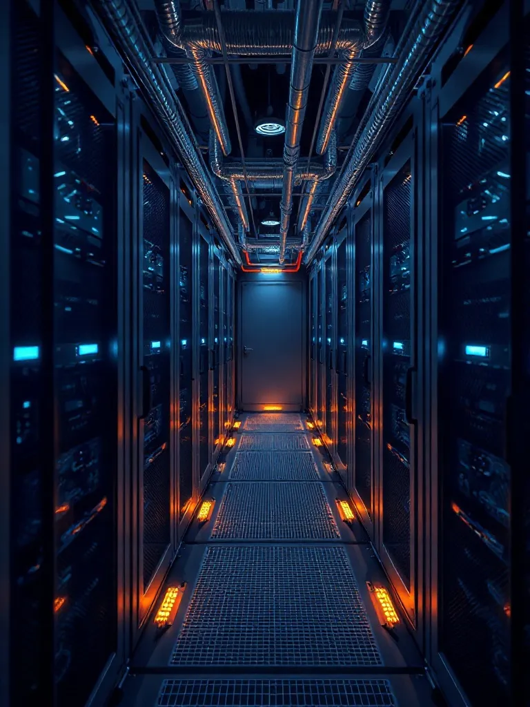 High-tech server room liquid cooling system with glowing pip