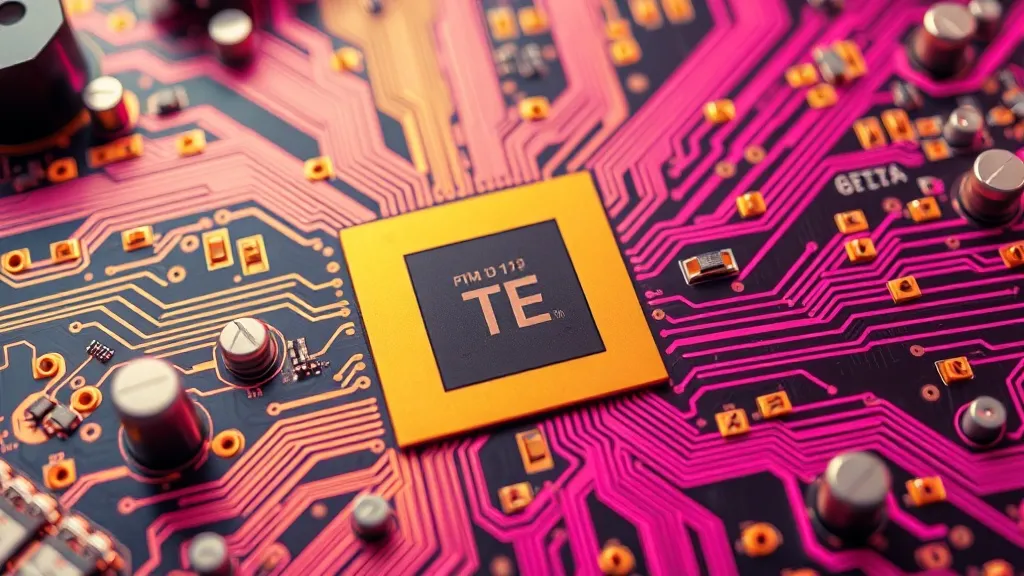 Close up of a futuristic gold and pink circuit board, clean