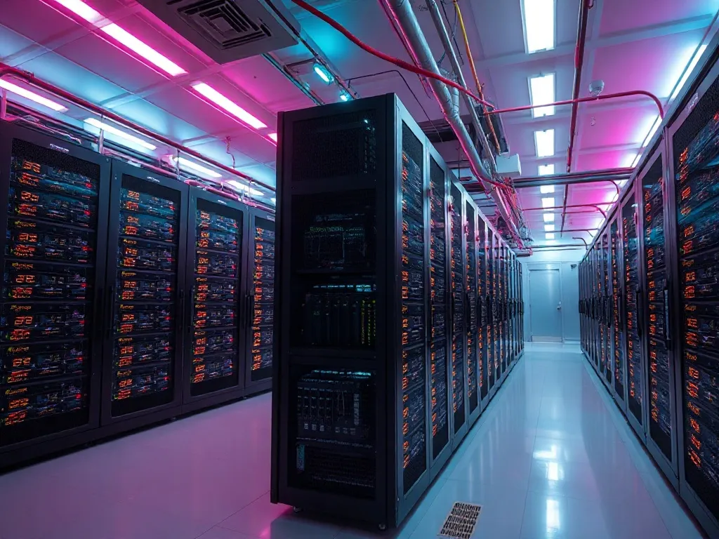 Modern server room with pink and gold ambient lighting, clea