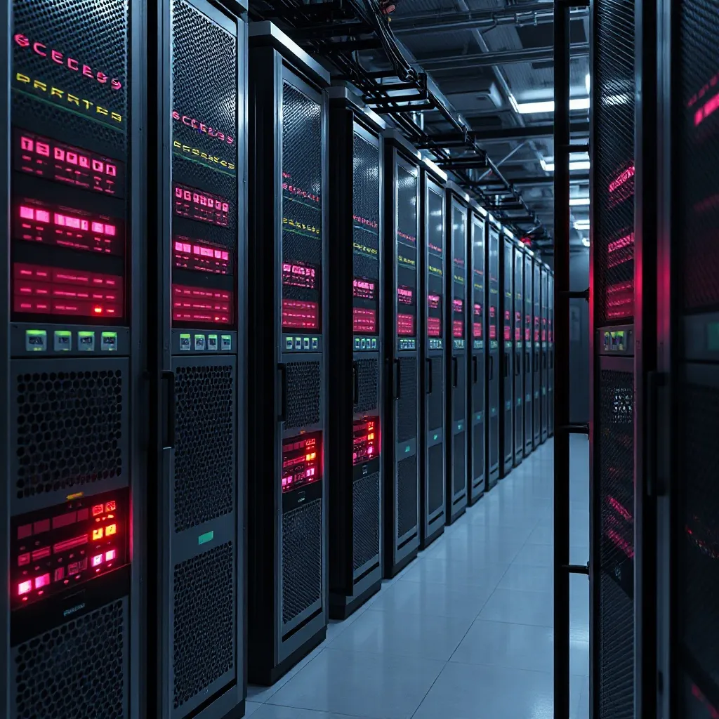 Industrial server racks with glowing pink and gold status li